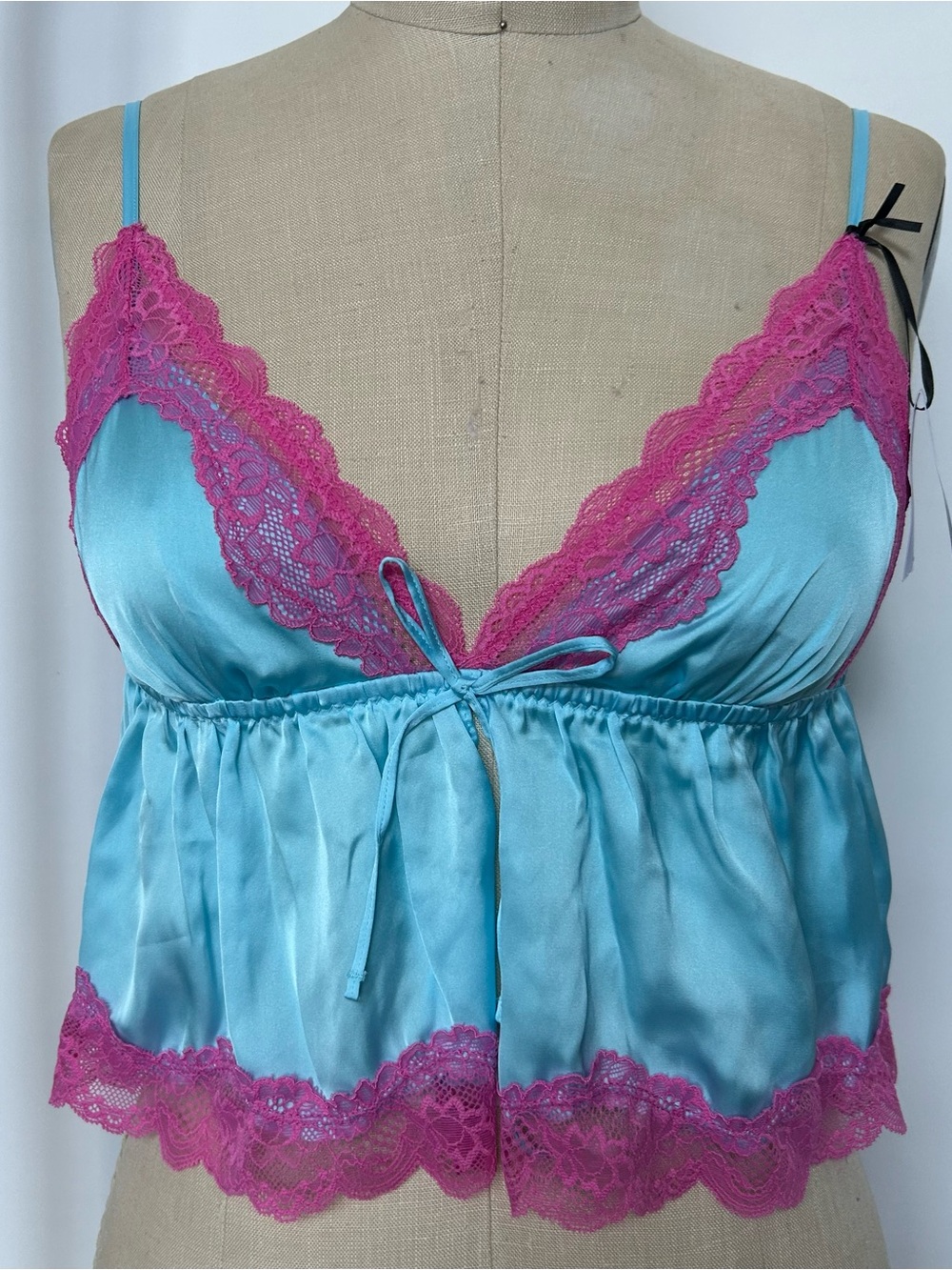 Primark Aqua Blue Satin Camisole with Fuchsia Lace Trim